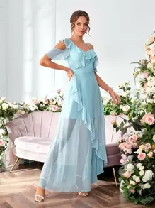 Váy phù dâu Bất đối xứng Xù Trọn gói màu trơn Lãng mạn - Màu xanh nhạt - Xem 1