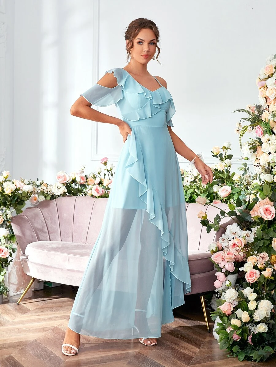 Váy phù dâu Bất đối xứng Xù Trọn gói màu trơn Lãng mạn - Màu xanh nhạt - Xem 1