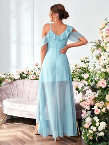 Váy phù dâu Bất đối xứng Xù Trọn gói màu trơn Lãng mạn - Màu xanh nhạt - Xem 2