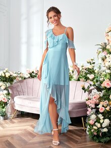 Váy phù dâu Bất đối xứng Xù Trọn gói màu trơn Lãng mạn - Màu xanh nhạt - Xem 4