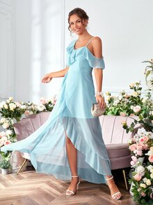 Váy phù dâu Bất đối xứng Xù Trọn gói màu trơn Lãng mạn - Màu xanh nhạt - Xem 5