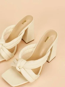Knot Detail Chunky Heeled Mule Sandals - Beige - View 7