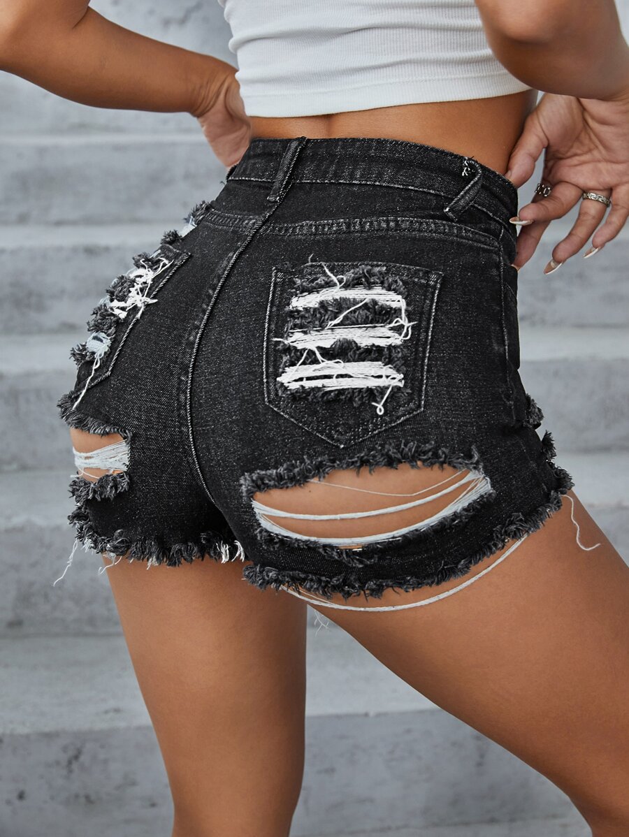 Shorts en mezclilla de talle alto desgarro - Negro - Ver 1