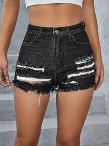 Shorts en mezclilla de talle alto desgarro - Negro - Ver 2