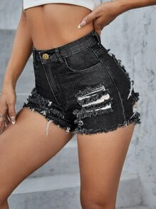 Shorts en mezclilla de talle alto desgarro - Negro - Ver 4