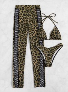 3 paquetes Conjunto de bikini de corte alto con estampado de leopardo y pantalones de playa de malla de contraste, para vacaciones de verano - Multicolor - Ver 6