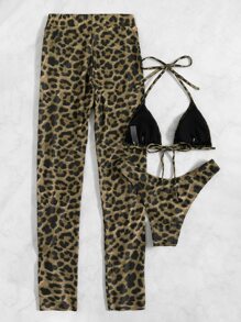 3 paquetes Conjunto de bikini de corte alto con estampado de leopardo y pantalones de playa de malla de contraste, para vacaciones de verano - Multicolor - Ver 7