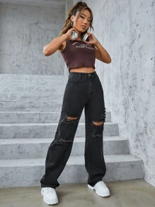 SHEIN EZwear Quần jean nữ Nút Túi Bị tách Dây kéo màu trơn - màu đen - Xem 3