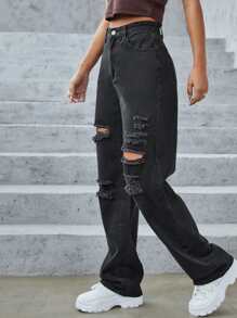 SHEIN EZwear Quần jean nữ Nút Túi Bị tách Dây kéo màu trơn - màu đen - Xem 4