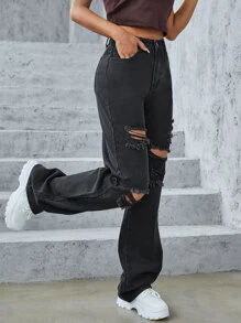 SHEIN EZwear Quần jean nữ Nút Túi Bị tách Dây kéo màu trơn - màu đen - Xem 5