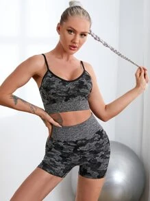 Yoga Trendy 迷彩印花對比綁定運動套裝,適用於訓練