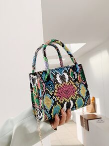 Elegante Bolso De Mano Cuadrado Con Patrón De Piel De Serpiente Colorida Y Diseño De Nicho, Con Correa De Acrílico Y Estampado De Piel De Serpiente Mini Para Mujer - Multicolor - Ver 1