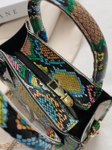 Elegante Bolso De Mano Cuadrado Con Patrón De Piel De Serpiente Colorida Y Diseño De Nicho, Con Correa De Acrílico Y Estampado De Piel De Serpiente Mini Para Mujer - Multicolor - Ver 5