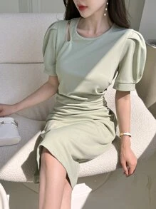 DAZY 鏤空泡泡袖後背開衩連衣裙 - 綠色 - 查看 3