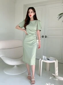DAZY 鏤空泡泡袖後背開衩連衣裙 - 綠色 - 查看 5
