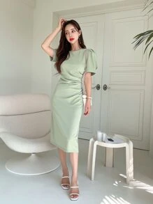 DAZY 鏤空泡泡袖後背開衩連衣裙 - 綠色 - 查看 6