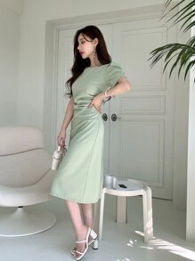 DAZY 鏤空泡泡袖後背開衩連衣裙 - 綠色 - 查看 7