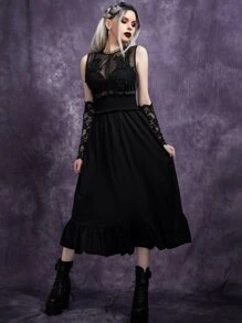 Vestido gótico con encaje en contraste de malla transparente bajo con fruncido con 1 par Mangas de brazo - Negro - Ver 5