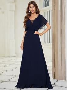 EVERPRETTY Pleated Bodice Ruched Empire Waist Prom Dress - Navy Blue - View 3