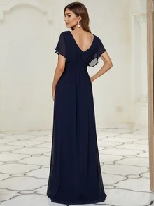 EVERPRETTY Pleated Bodice Ruched Empire Waist Prom Dress - Navy Blue - View 2
