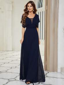 EVERPRETTY Pleated Bodice Ruched Empire Waist Prom Dress - Navy Blue - View 4