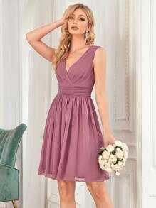 EVERPRETTY Ruched Waist Flare Hem Chiffon Dress - Dusty Pink - View 1
