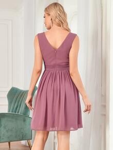 EVERPRETTY Ruched Waist Flare Hem Chiffon Dress - Dusty Pink - View 2