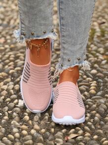 條紋圖案跑步鞋,粉色競技條紋女士運動鞋