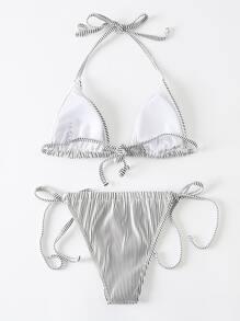 SHEIN Swim Summer Beach Triangle Tie Side Bikini - Black and White - View 2