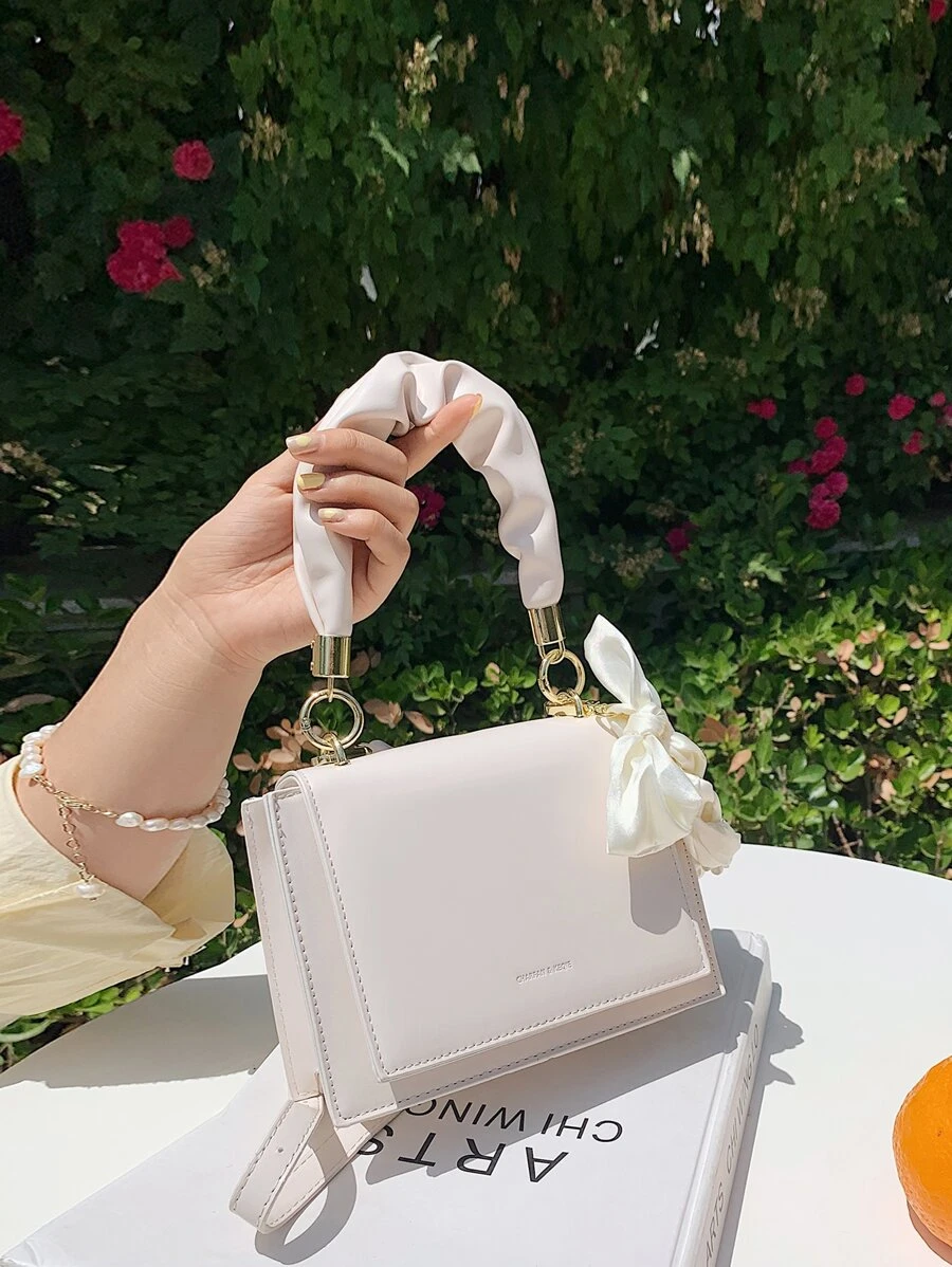 Mini Bow Decor Ruched Design Satchel Bag - White - View 1