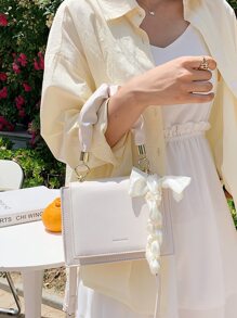 Mini Bow Decor Ruched Design Satchel Bag - White - View 4