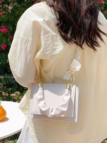 Mini Bow Decor Ruched Design Satchel Bag - White - View 7