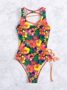 Swim Vcay Summer Beach Random Tropical Print Lace Up One Piece Swimsuit - Multicolor - View 8