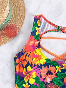 Swim Vcay Summer Beach Random Tropical Print Lace Up One Piece Swimsuit - Multicolor - View 5