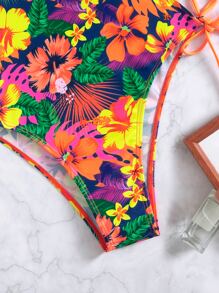 Swim Vcay Summer Beach Random Tropical Print Lace Up One Piece Swimsuit - Multicolor - View 4