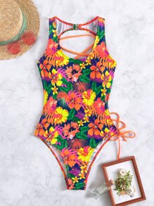 Swim Vcay Summer Beach Random Tropical Print Lace Up One Piece Swimsuit - Multicolor - View 7
