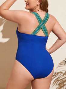 加带罗纹连体泳衣，适合夏季海滩度假 - 寶藍色 - 查看 2