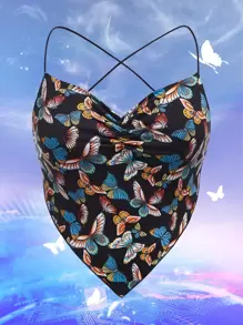 SHEIN ICON Plus Butterfly Print Ruched Lace Up Back Cami Top - Multicolor - View 1
