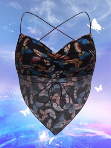SHEIN ICON Plus Butterfly Print Ruched Lace Up Back Cami Top - Multicolor - View 2