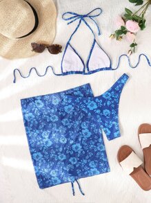 SHEIN Swim Summer Beach Floral Bikini Set Triangle Bra & High Cut Bottom & Cover Up Skirt 3 Piece Bathing Suit - Blue - View 6