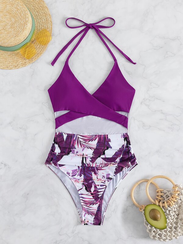 Tropical Print Wrap One Piece Swimsuit SHEIN USA