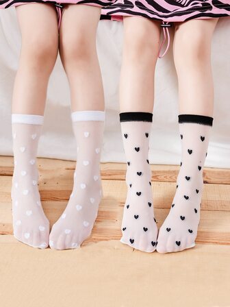 Niñas 2 pares Calcetines de tripulación con estampado de corazón