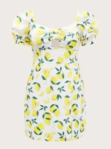 Plus Lemon Print Cut Out Puff Sleeve Slit Hem Dress - Multicolor - View 1