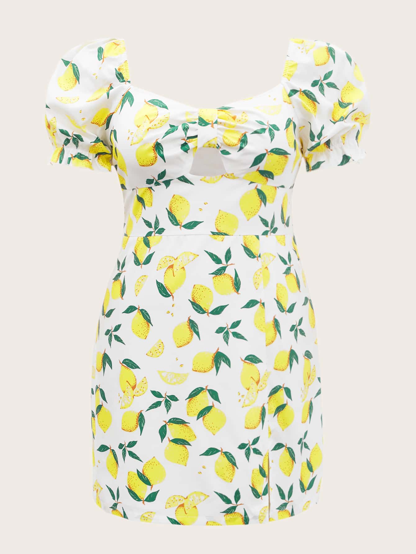 Plus Lemon Print Cut Out Puff Sleeve Slit Hem Dress - Multicolor - View 1