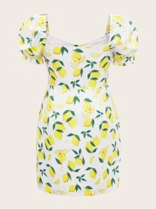 Plus Lemon Print Cut Out Puff Sleeve Slit Hem Dress - Multicolor - View 2