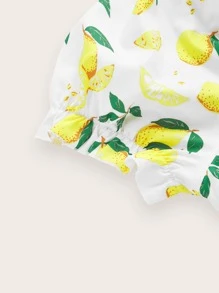 Plus Lemon Print Cut Out Puff Sleeve Slit Hem Dress - Multicolor - View 3