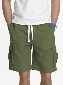 Manfinity Swimmode 男式度假海滩翻盖口袋侧抽绳腰部游泳短裤 - 軍綠色 - 查看 1