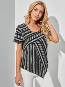 EMERY ROSE Áo sơ mi nữ Bất đối xứng Họa tiết hoa Giải trí - Đen và trắng - Xem 2