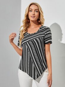 EMERY ROSE Áo sơ mi nữ Bất đối xứng Họa tiết hoa Giải trí - Đen và trắng - Xem 1