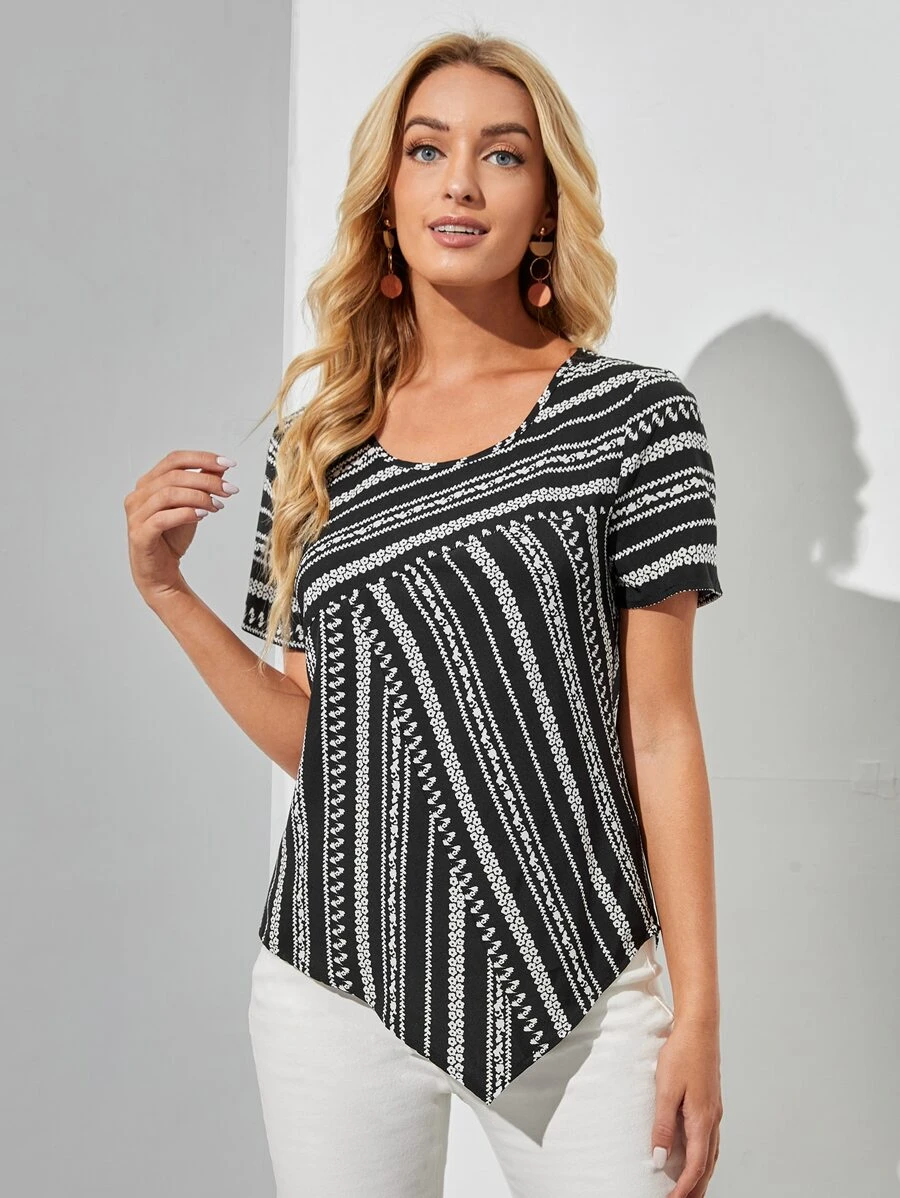 EMERY ROSE Áo sơ mi nữ Bất đối xứng Họa tiết hoa Giải trí - Đen và trắng - Xem 1